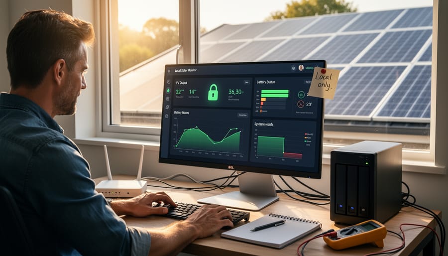 Person monitoring solar system performance on smartphone with solar panels in background