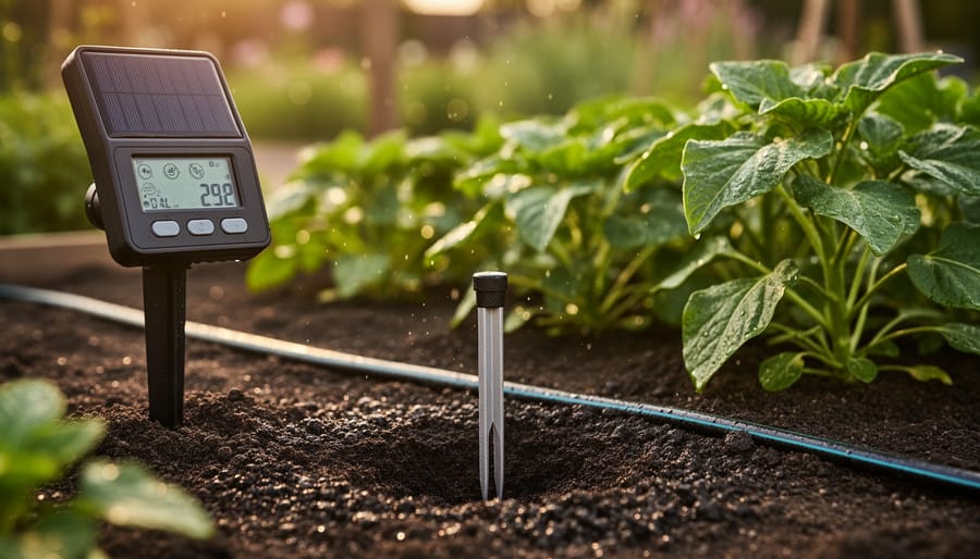 Close-up of soil moisture sensor probe inserted in garden soil with water droplets