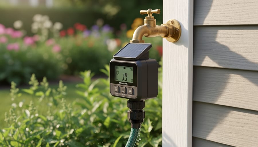 Solar-powered irrigation timer with attached solar panel mounted on outdoor garden faucet