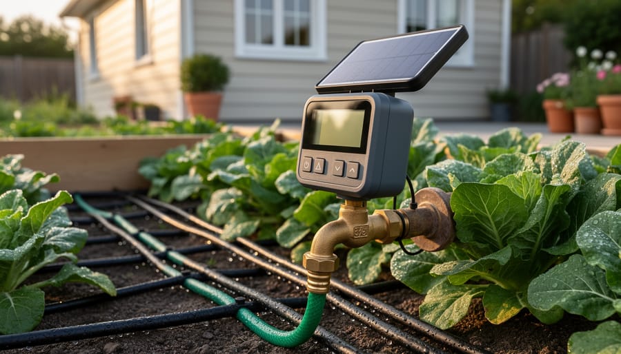 Close-up of a solar-powered irrigation timer with an integrated panel on a brass outdoor faucet, hose leading to drip lines over leafy vegetable beds in warm morning light, with garden beds and a house softly blurred in the background.