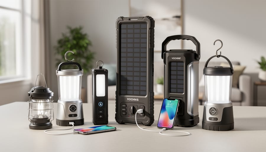 Three different styles of solar portable lamps displayed together