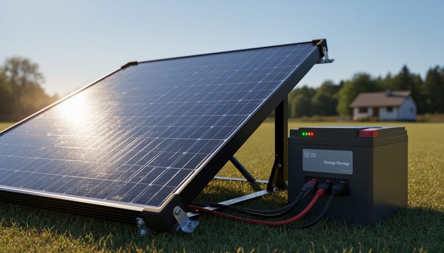 Close-up of solar panel cells on portable lamp capturing sunlight