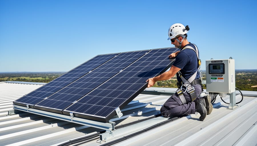 Person mounting solar panel on wooden fence post with installation hardware