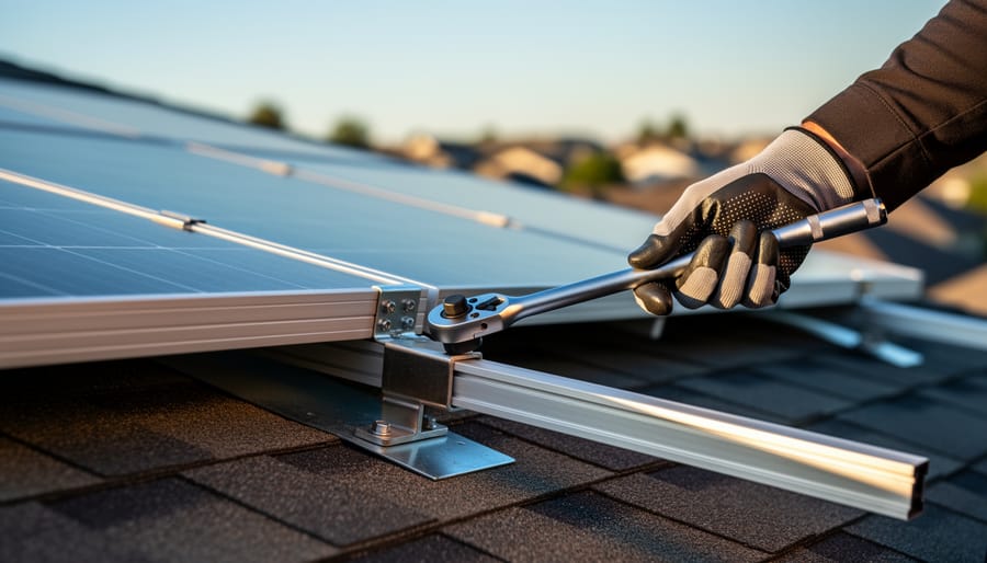 Why Your Solar Panels Need the Right Mounting System (Before You Drill Anything) Close-up of a rooftop solar panel secured to an aluminum rail with stainless steel clamp and flashing, installer’s gloved hand checking the bracket with a torque wrench at golden hour; shingles and suburban skyline softly blurred in the background.