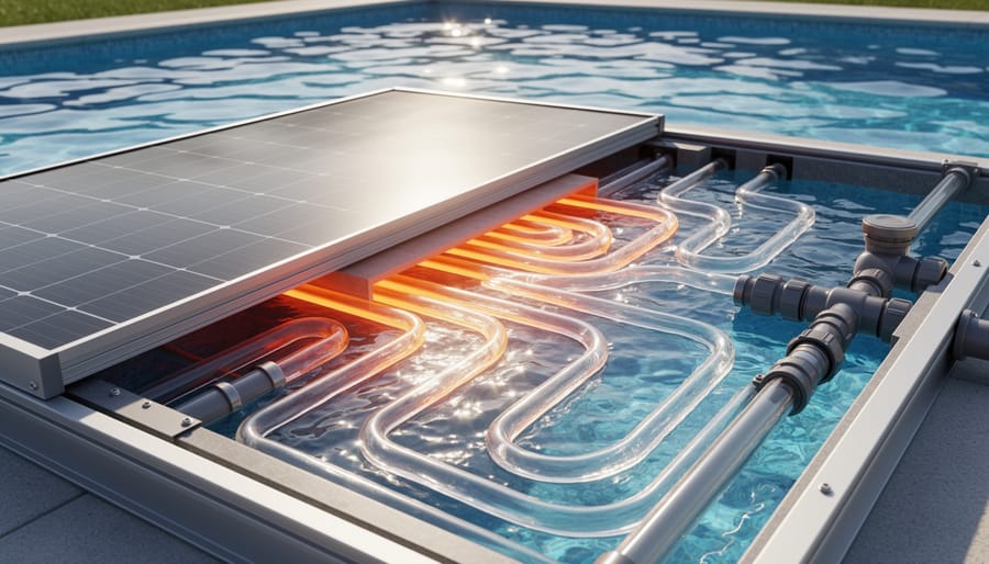 Close-up of water flowing through solar pool heating panel channels