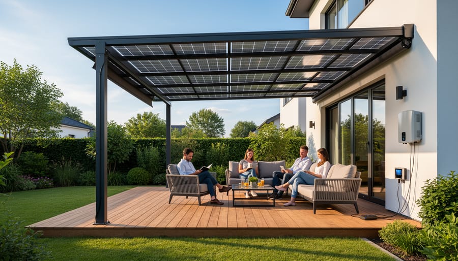 Backyard pergola with integrated solar panel canopy creating shaded patio area