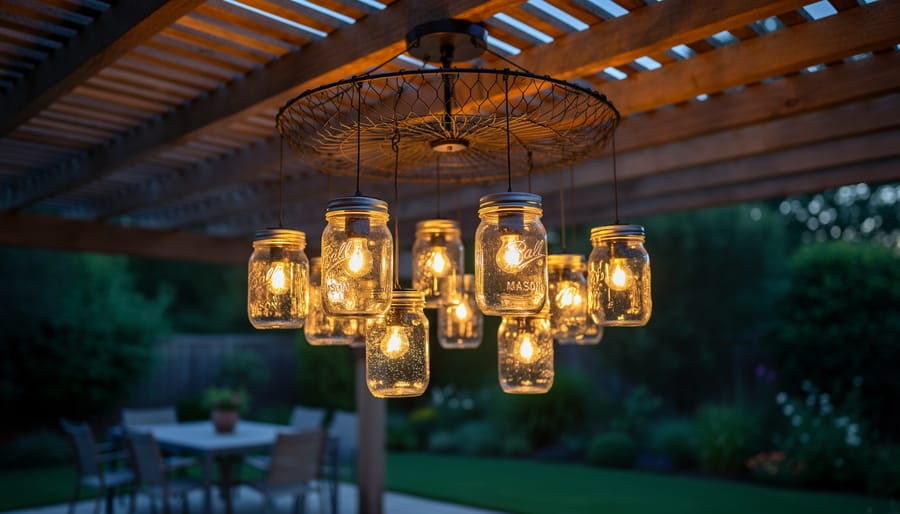 Solar-powered mason jar chandelier suspended from a wire-basket frame under a pergola at dusk, jars glowing warmly with visible solar lids, with a softly blurred patio table and garden foliage in the background.
