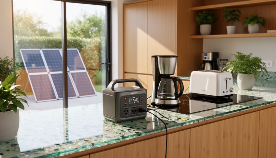 Modern kitchen with bamboo cabinets and recycled-glass countertop, a compact power station on the counter powering a coffee maker and toaster, induction cooktop nearby, and two portable solar panels visible outside a sunny south-facing window.
