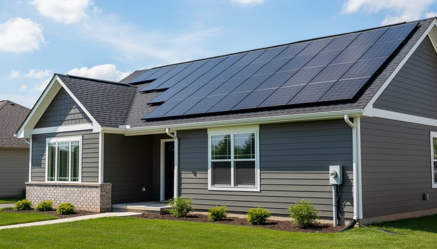 Modern residential home with integrated solar roof shingles covering entire roof surface