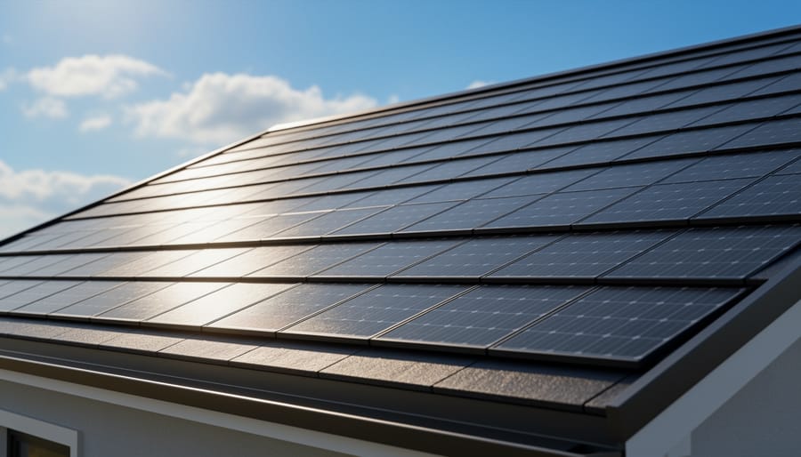 Close-up of solar roof tile showing photovoltaic surface and installation details
