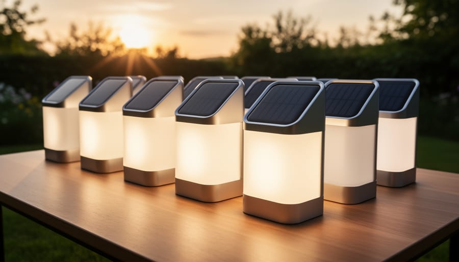 Comparison of illuminated solar lantern and battery-powered flashlight on table