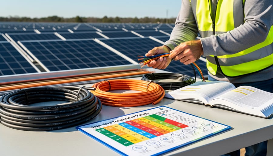Close-up comparison of different types of solar electrical cables on workbench