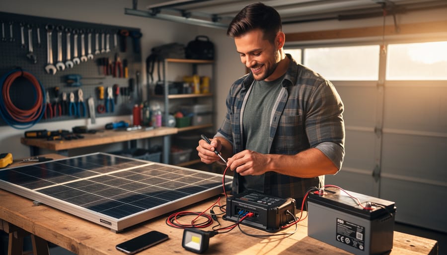 DIY enthusiast wiring a solar panel to a lithium battery and charge controller on a workbench in a sunlit garage, with blurred pegboard tools and coiled cables in the background and a phone and LED light on the bench.