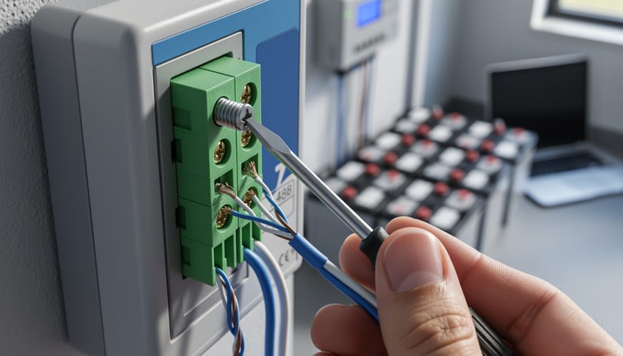 Hand connecting a blue-and-white twisted pair to RS485 screw terminals on a wall-mounted solar inverter, with a blurred charge controller, battery bank, and laptop in the background.