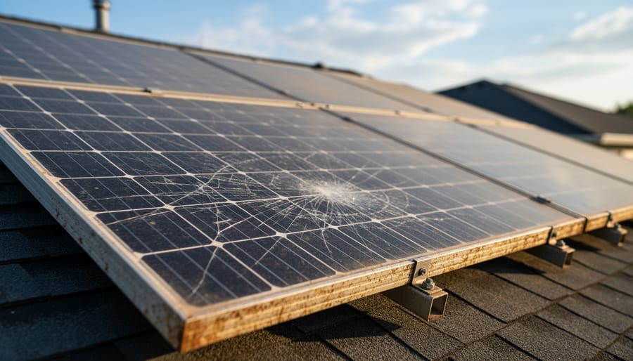 Close-up of aging solar panel showing wear and micro-cracks on silicon cells