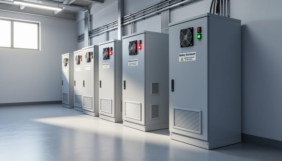 Off-grid battery bank installation in ventilated enclosure with safety equipment