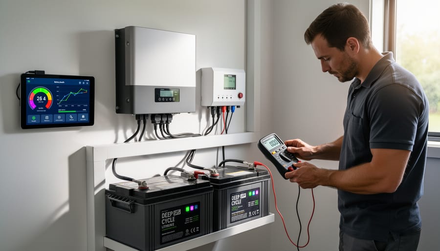 Person using multimeter to check battery voltage on off-grid solar system