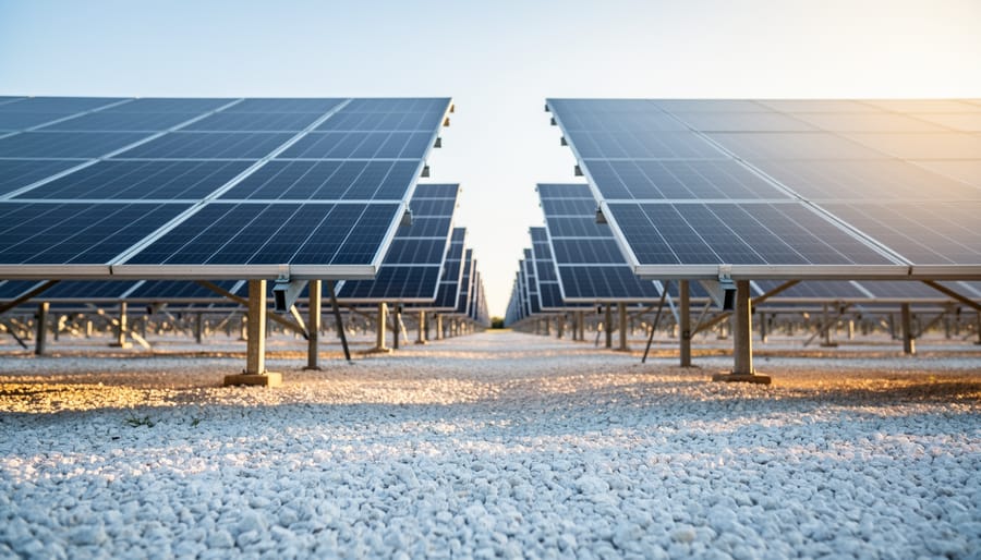 Low-angle view of elevated bifacial solar panels above white gravel with rear glass catching reflected light, blurred additional rows and open sky showing row spacing in the background