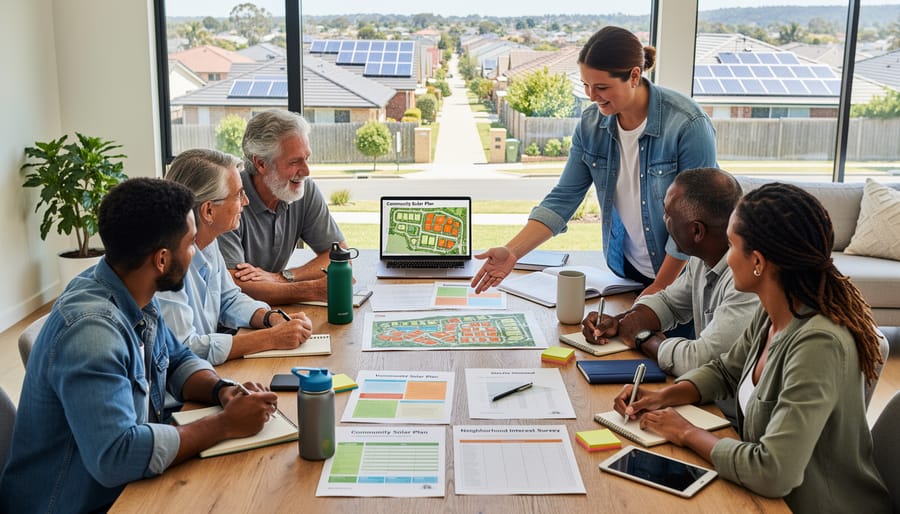 Community members meeting around table to discuss launching local solar project