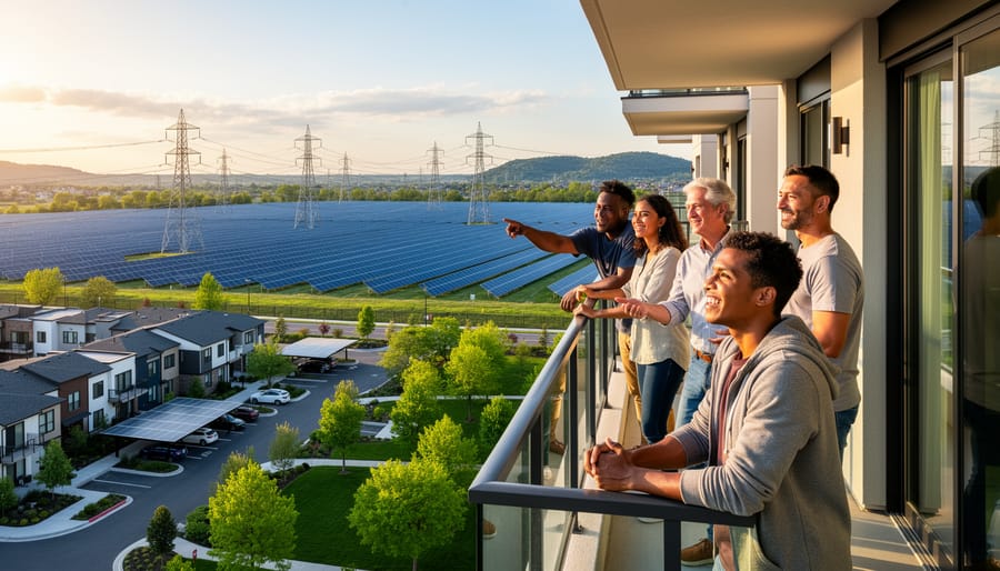 Diverse renters stand on an apartment balcony at golden hour, looking toward a nearby field of solar panels with utility lines, townhomes, and gentle hills in the background.
