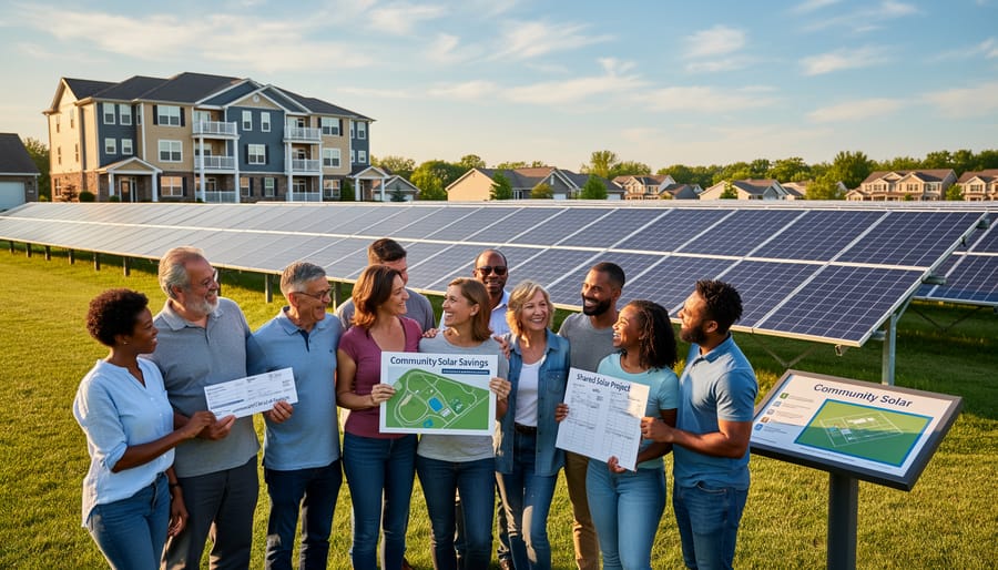 Diverse group of community members standing in front of shared solar panel installation