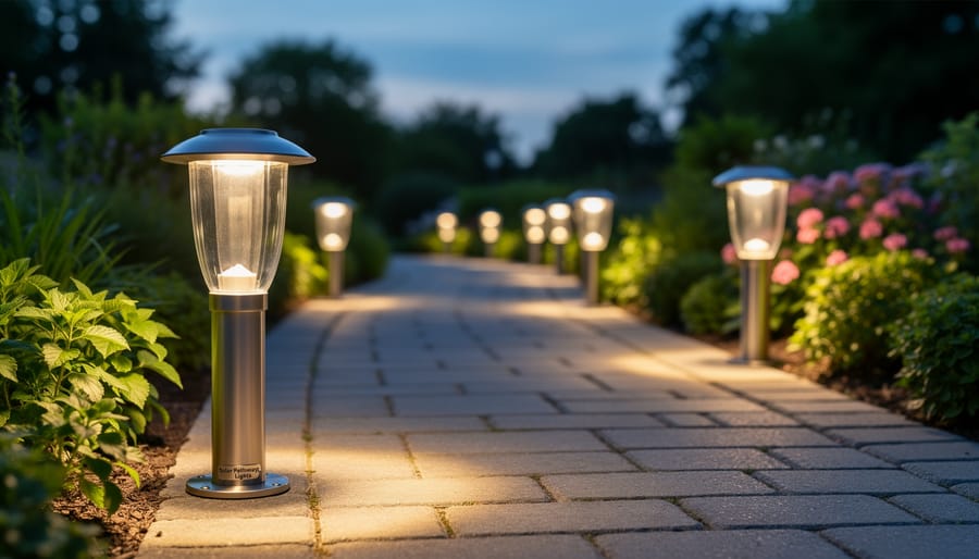 Close-up of decorative copper solar pathway light in garden setting