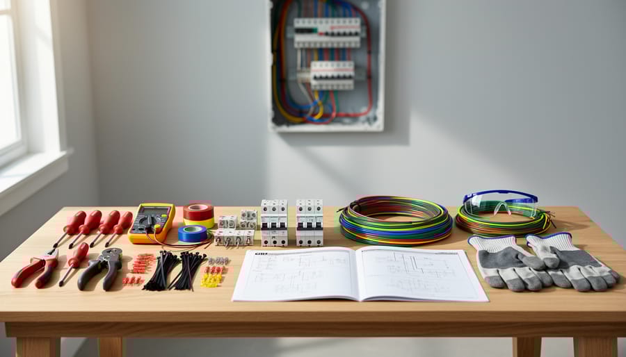 Electrician's hands preparing electrical wires with wire strippers and basic tools