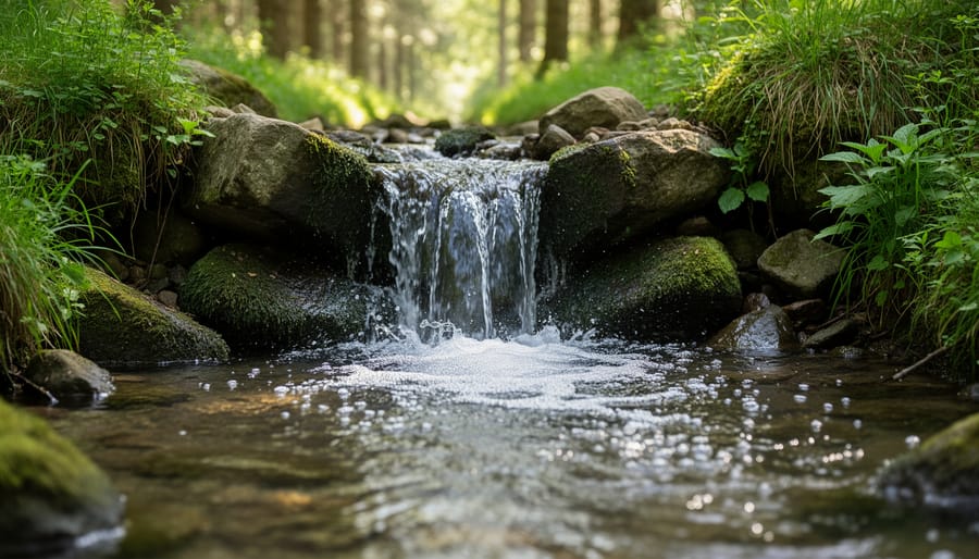 Mountain stream flowing over rocks with visible water movement and natural surroundings