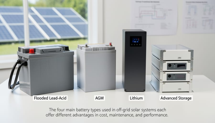 Four different types of off-grid solar batteries displayed side by side