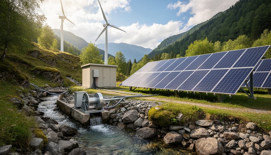 Off-grid cabin with solar panels and wind turbine showing integrated renewable energy systems