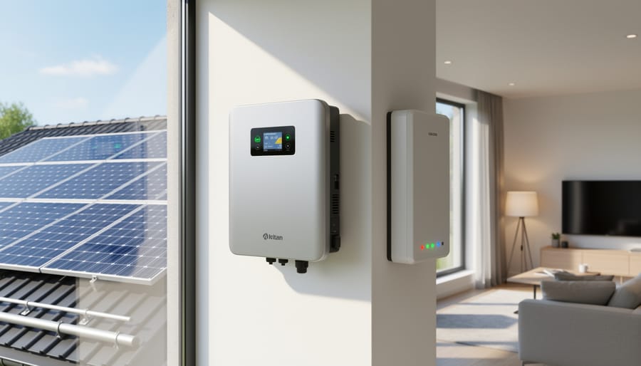 Hybrid solar inverter installed on residential wall with battery connections