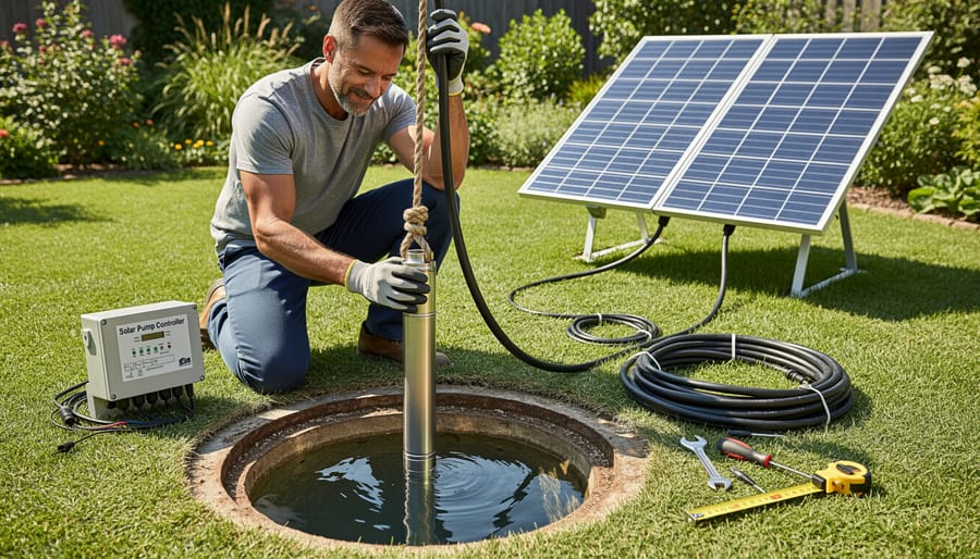 Hands placing submersible solar pump into fountain bowl during installation