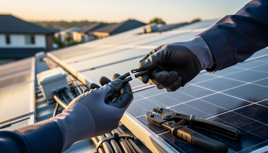 Gloved hands snapping MC4 solar connectors together next to a rooftop panel string at golden hour, with a crimping tool nearby and blurred panels and rooftops in the background.