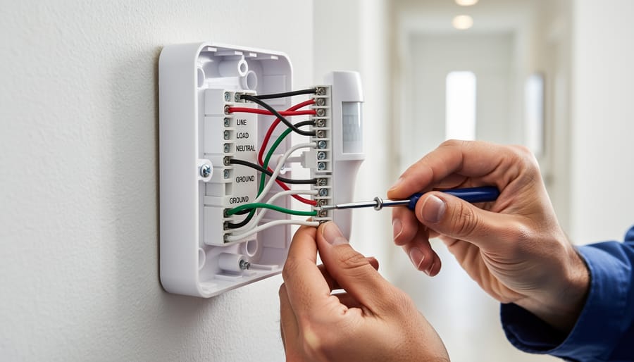 Motion sensor switch with exposed electrical wiring showing connection points