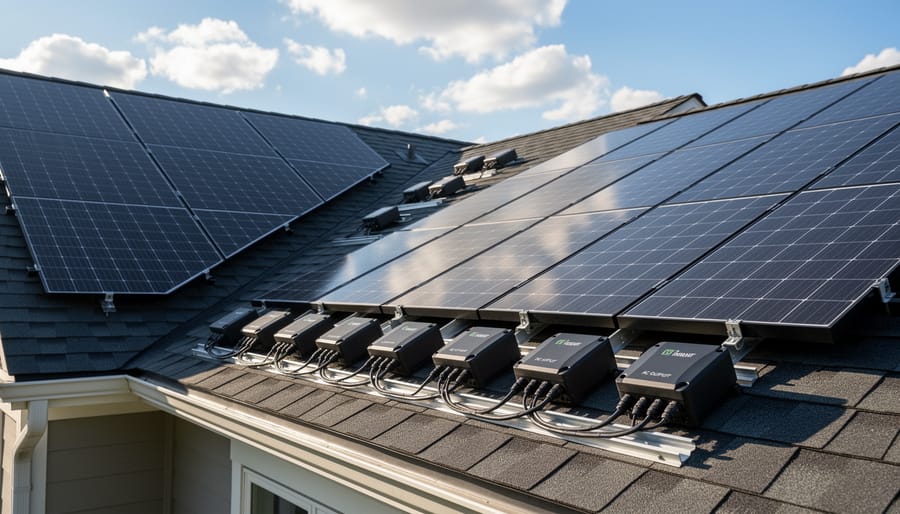 Aerial view of solar panels installed on multiple roof planes facing different directions