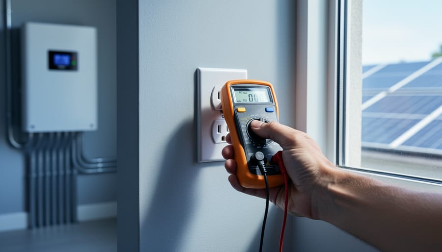 Hand holding a digital multimeter with probes in a wall outlet near a wall-mounted solar inverter, softly lit utility room with shallow depth of field.