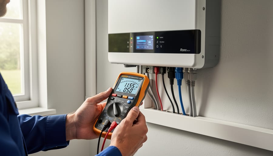 Digital multimeter being used to test AC power output from solar inverter
