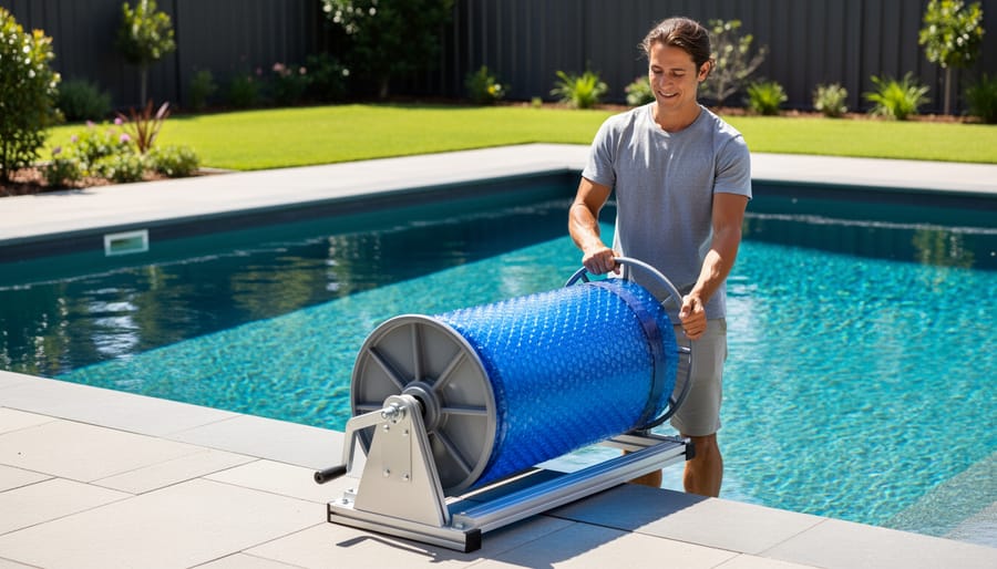 Person using a pool cover reel to manage solar cover on oval swimming pool