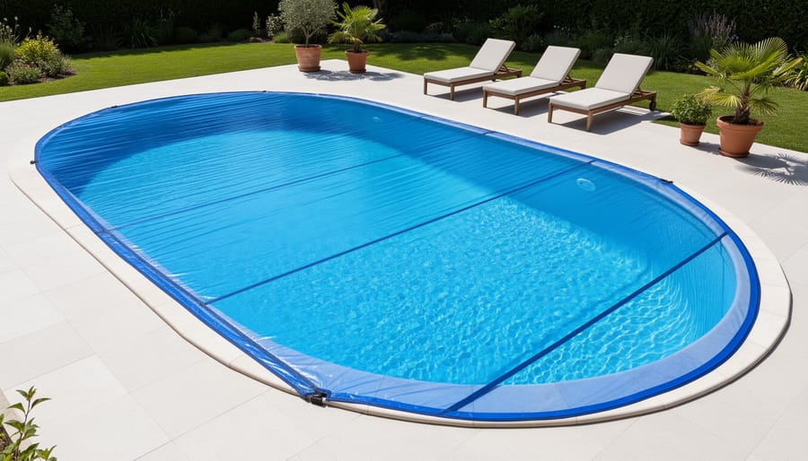 Oval swimming pool with blue bubble solar cover installed on water surface