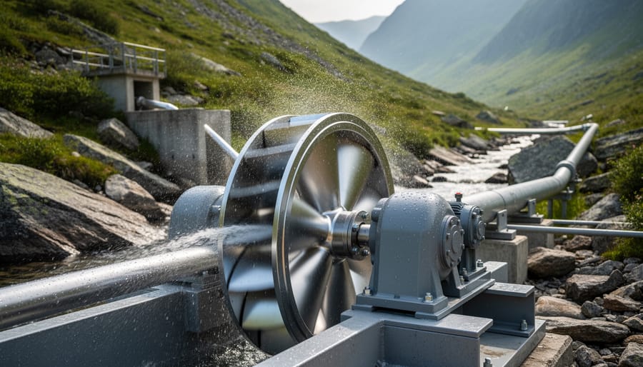 Close-up of Pelton wheel turbine showing cup-shaped buckets used in micro hydro generation
