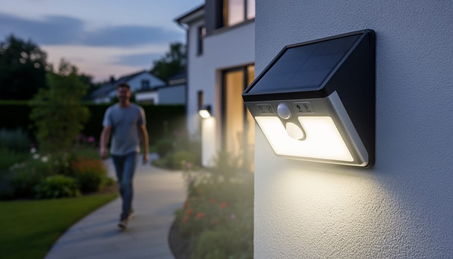 Motion sensor with integrated photocell mounted on outdoor shed wall