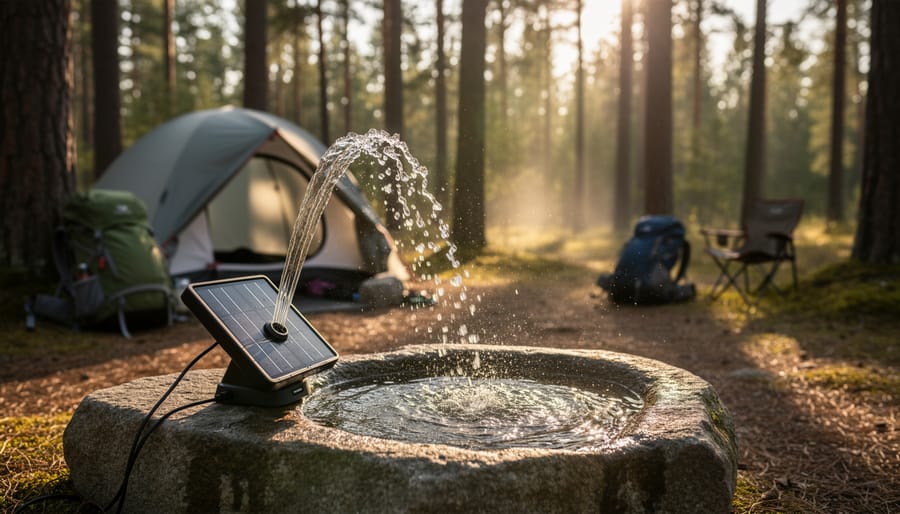 Portable solar fountain operating on picnic table at forest campsite