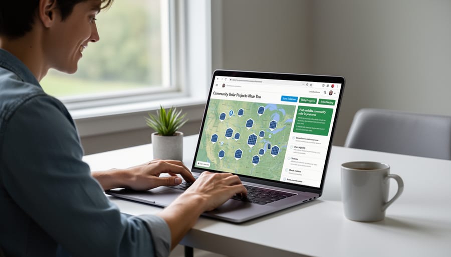 Person researching community solar options on laptop and smartphone at home