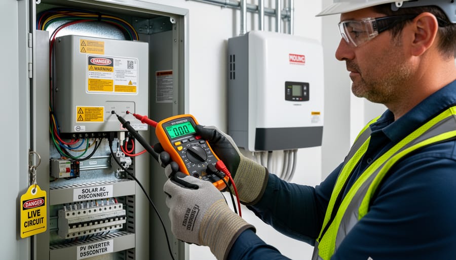 Safety gloved hand holding multimeter probes for AC power testing