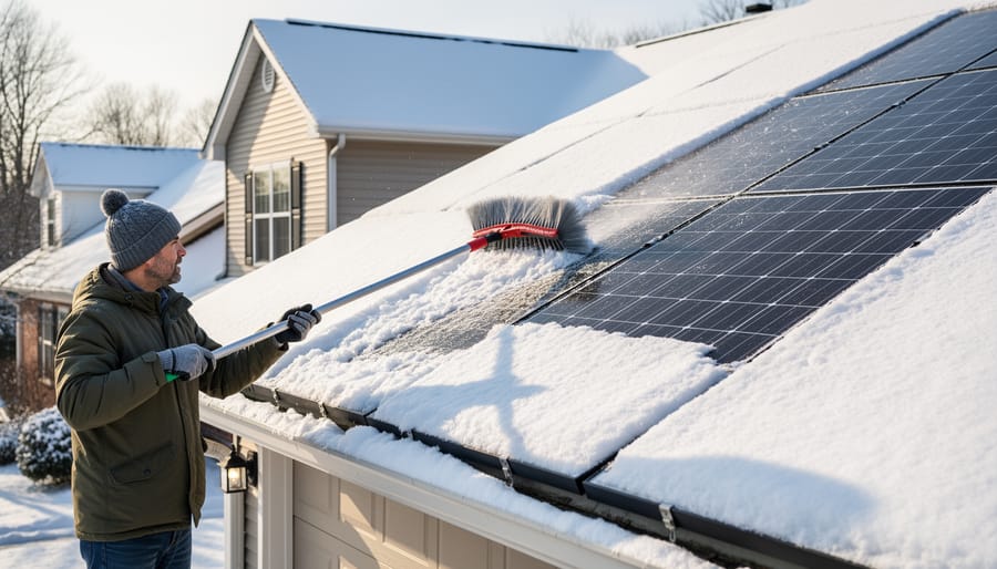 Person safely removing snow from solar panels using long-handled soft rake from ground