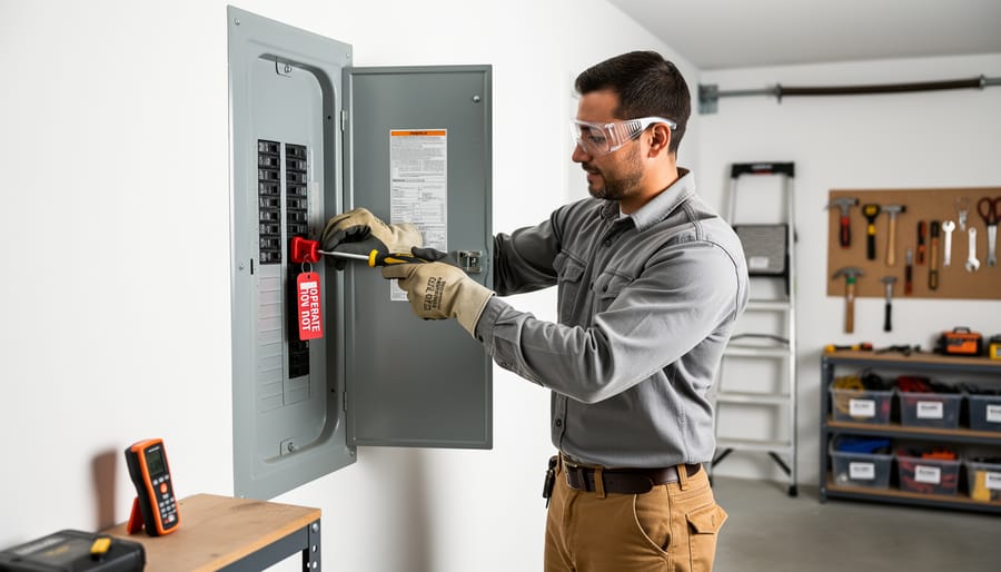 Worker in safety gear carefully removing rooftop solar panel with proper equipment