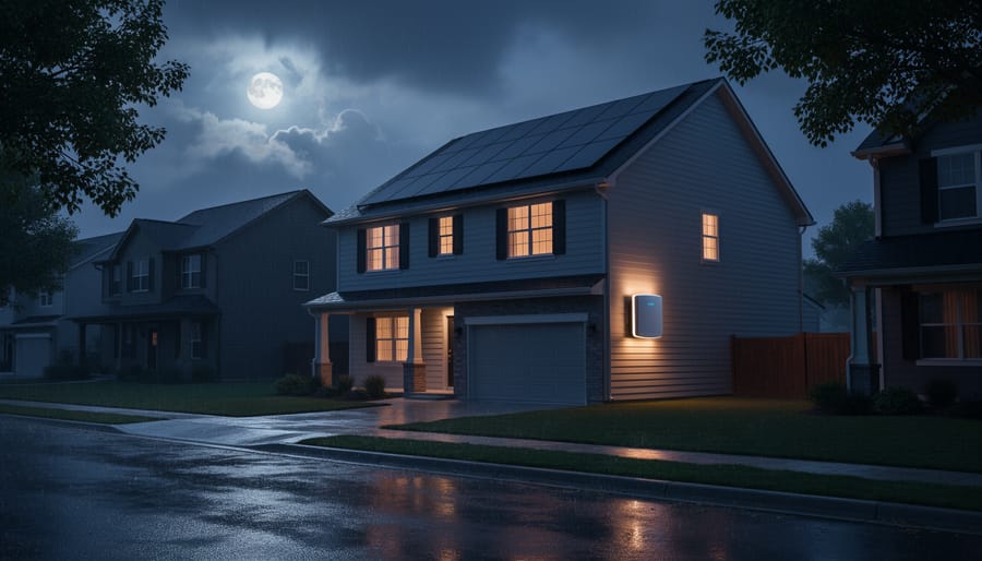 Nighttime wide shot of a modern suburban house with rooftop solar panels and a wall-mounted home battery, warmly illuminated during a storm-induced power outage while nearby homes are dark; wet street reflects amber window light under cool blue storm clouds.