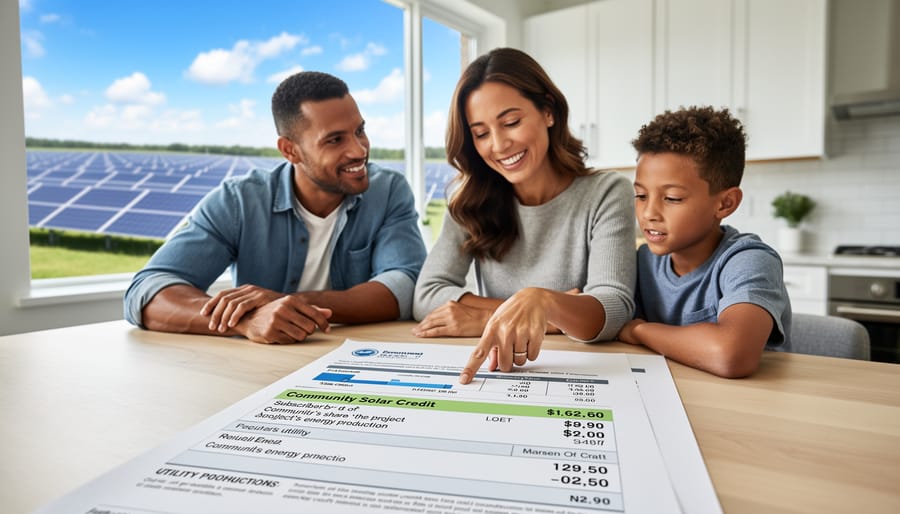 Close-up of electricity bill showing solar energy credits and cost savings