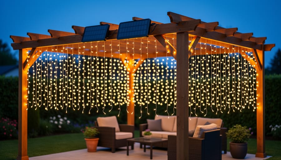 Solar curtain lights hanging from a backyard pergola at twilight, powered by a small solar panel mounted on the beam, casting a warm glow over patio seating and surrounding plants.