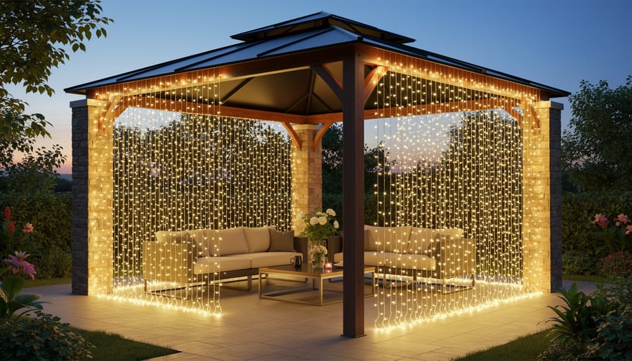 Solar powered curtain lights hanging on patio pergola at dusk creating cascading waterfall light effect